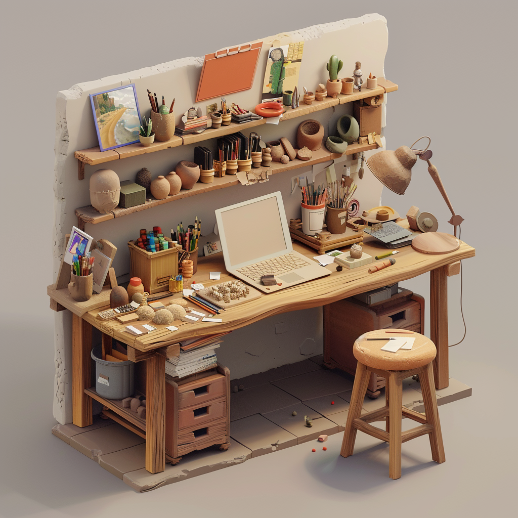 Isometric clay artist workstation view