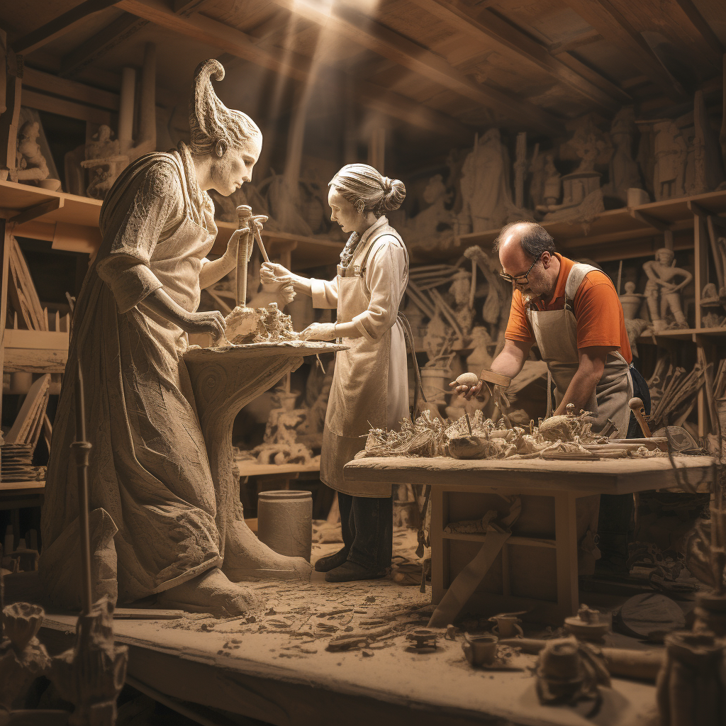 Clay sculptor workshop with woodcarver and metal assembly