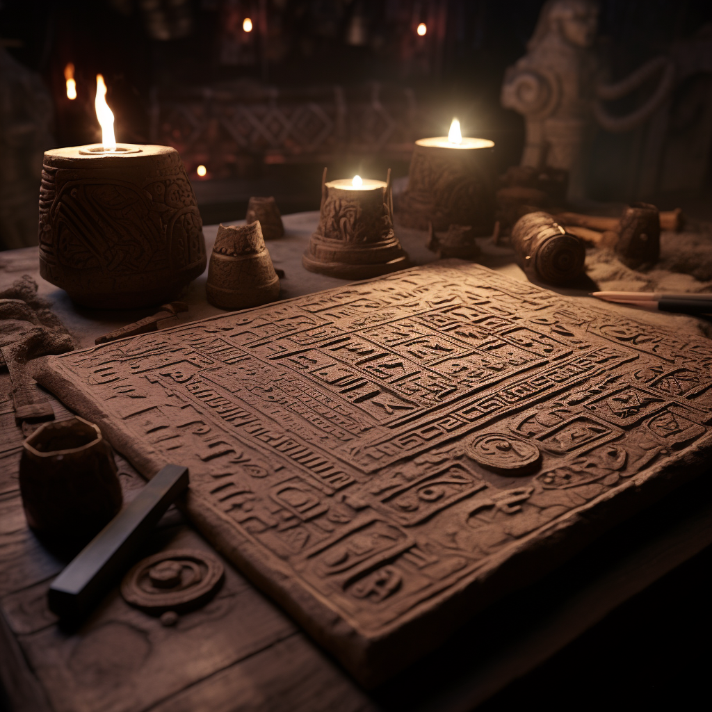 Dark fantasy movie still with clay tablet and ocult symbols