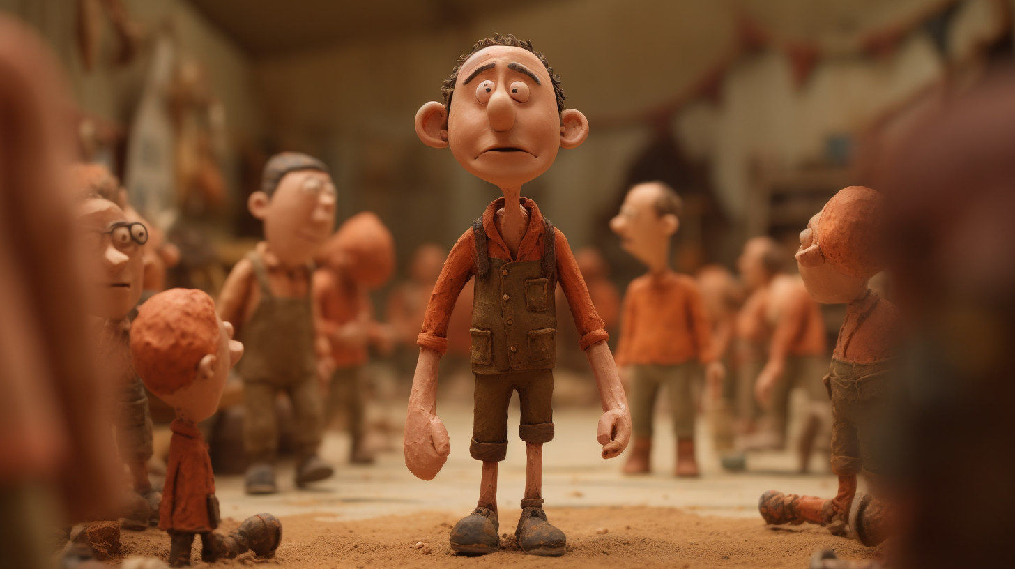 Claymation farmer in brown overalls and sandals