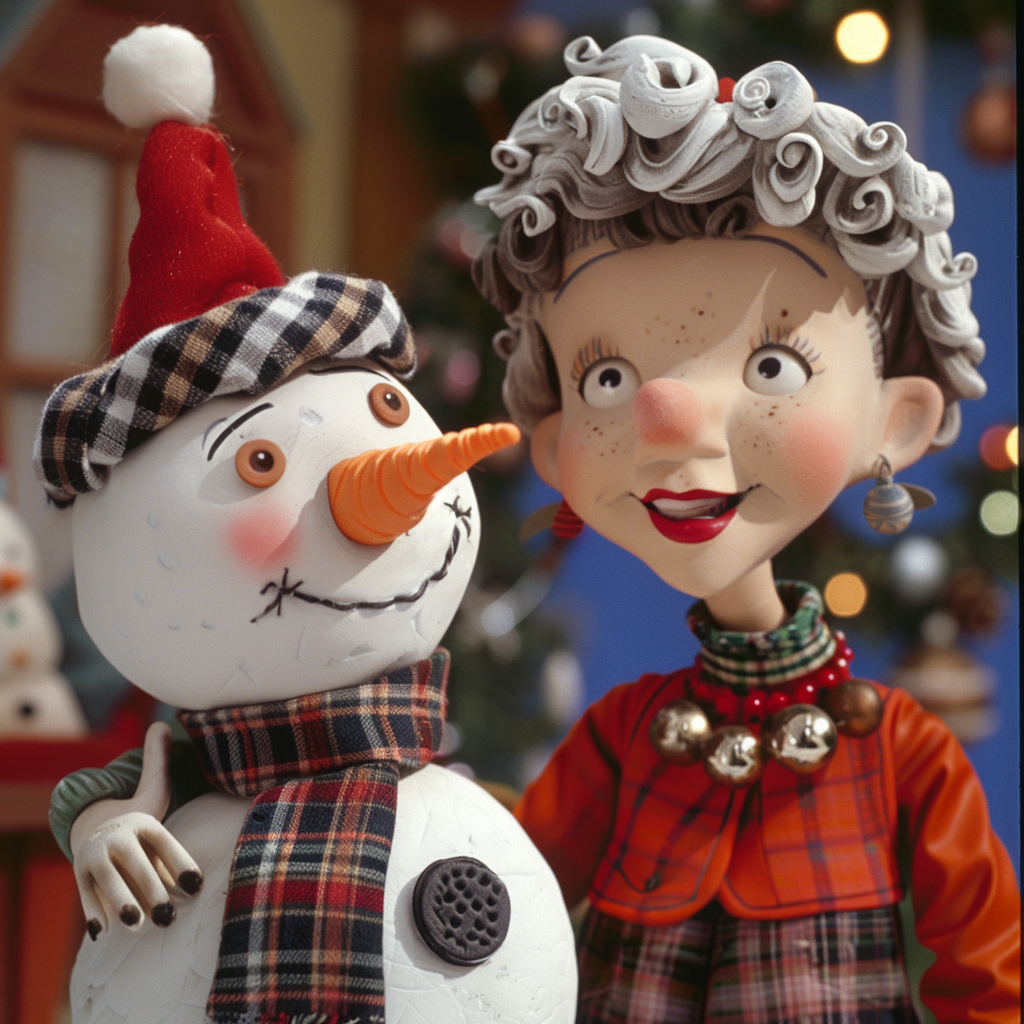 Boy and snowman in Christmas scene