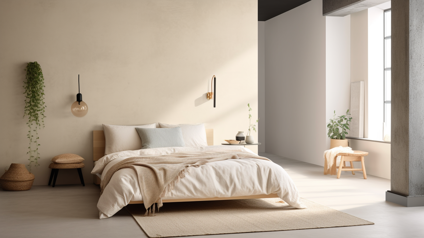 Clean and inviting bedroom with pale greyish off-white wall paint