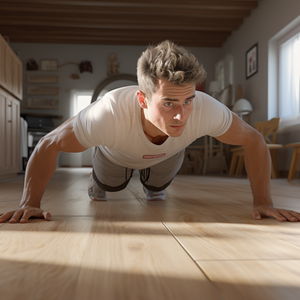 Fit man doing pushups on wood floor