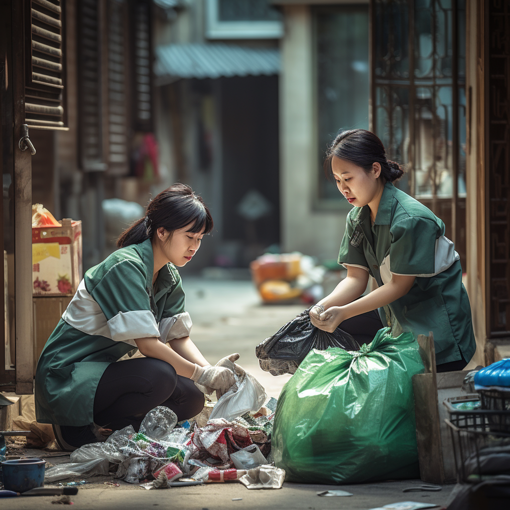 Two Young Chinese Cleaning Ladies Chatting and Packing Green Debris