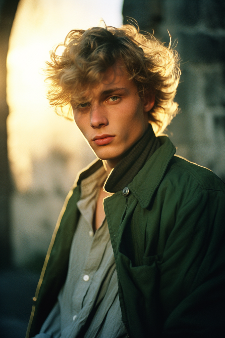 Handsome blond man in city ruins