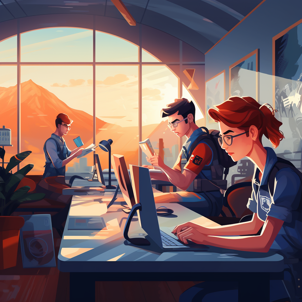 Illustration of a clean working station with a hopeful team