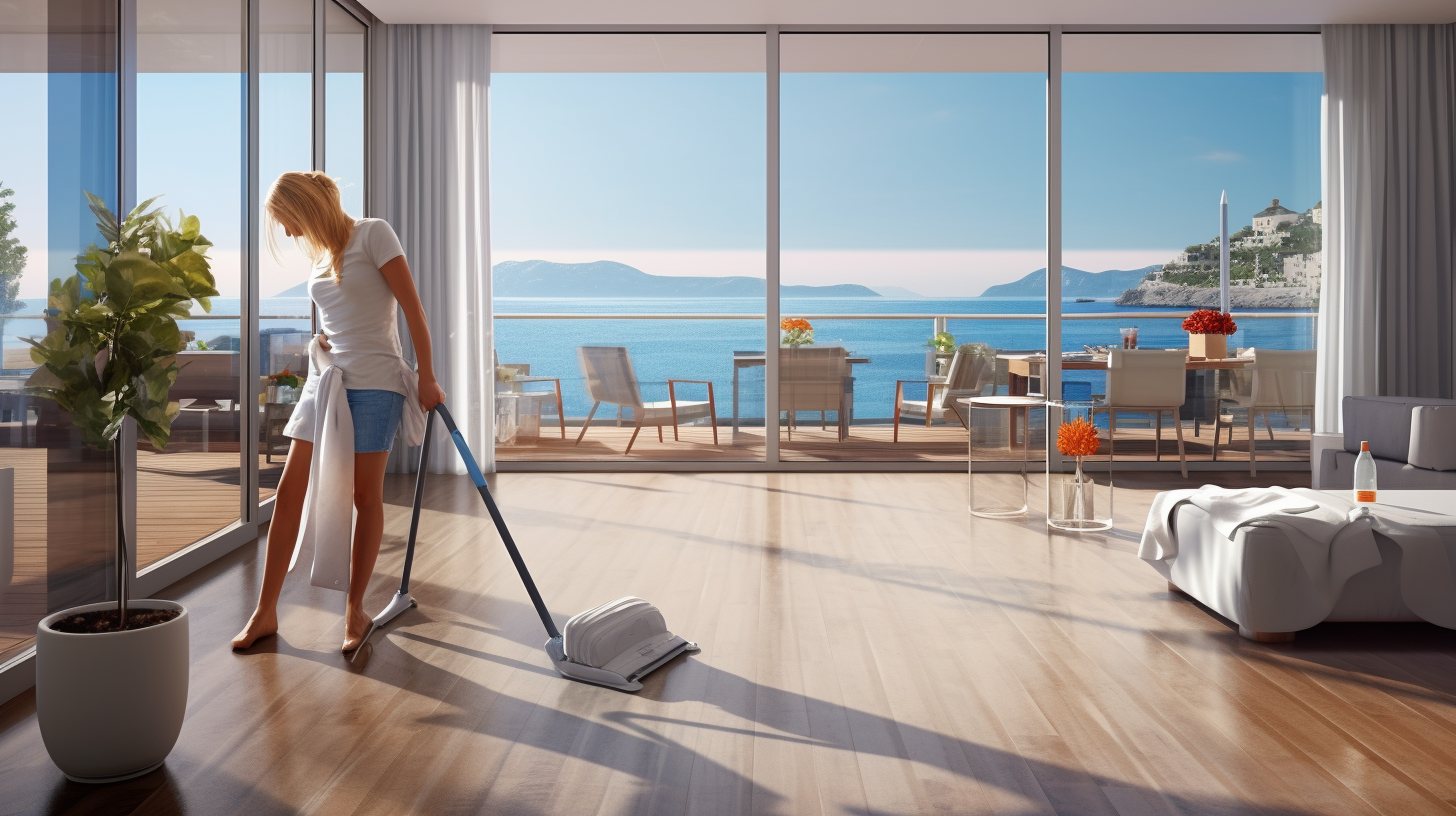 Smiling cleaning lady in beautiful beachfront apartment