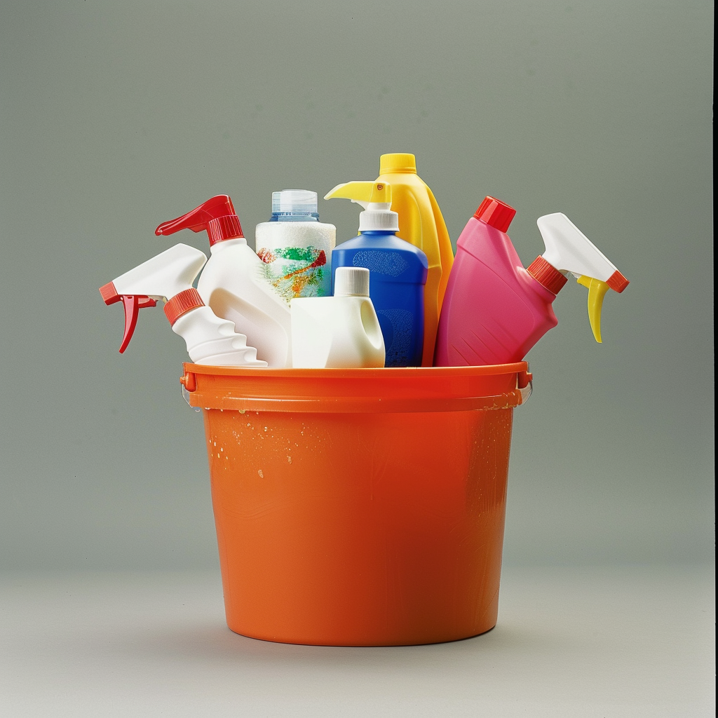 Cleaning products in bucket