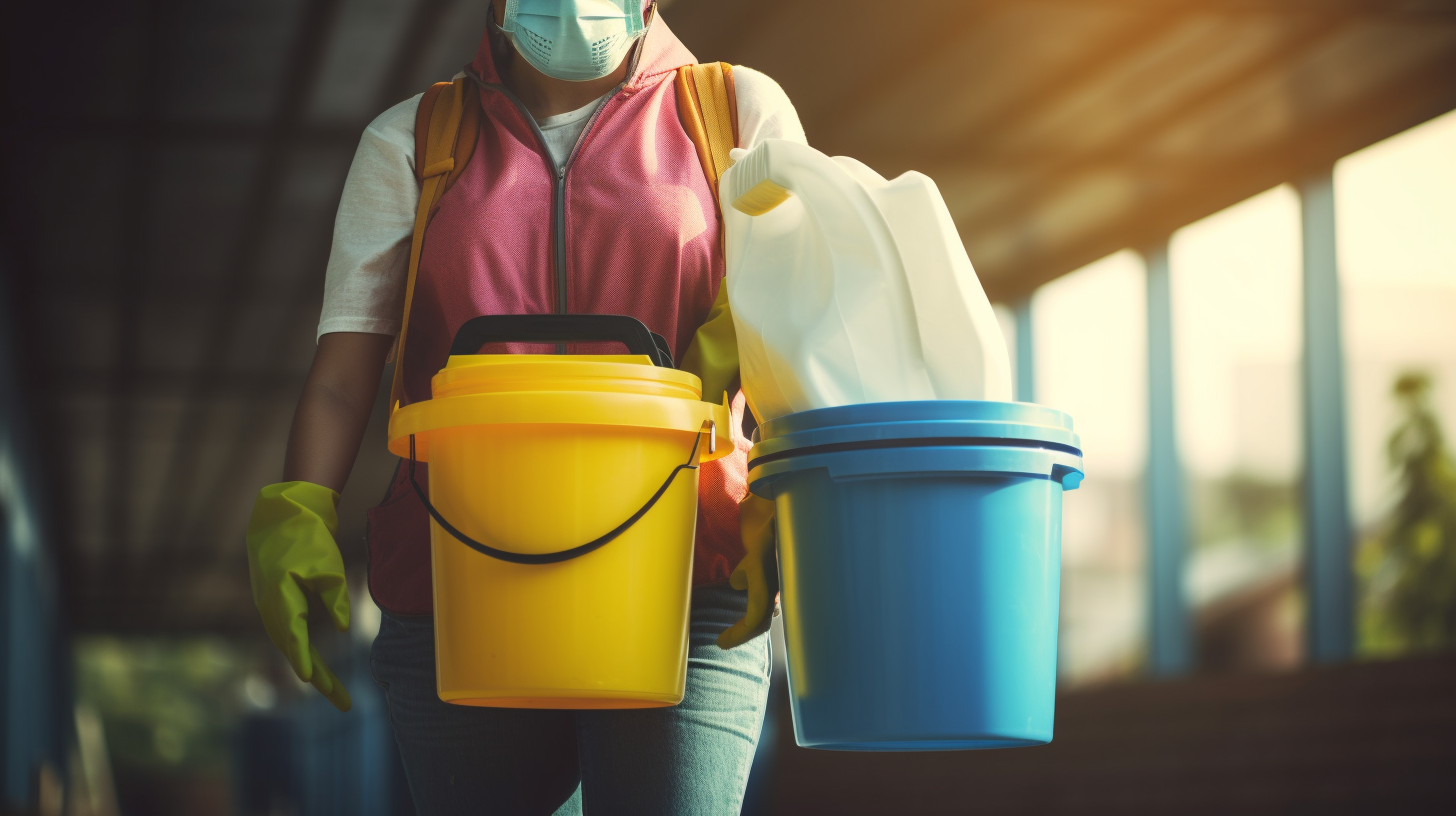 Cleaning woman holding bucket of chemicals in building