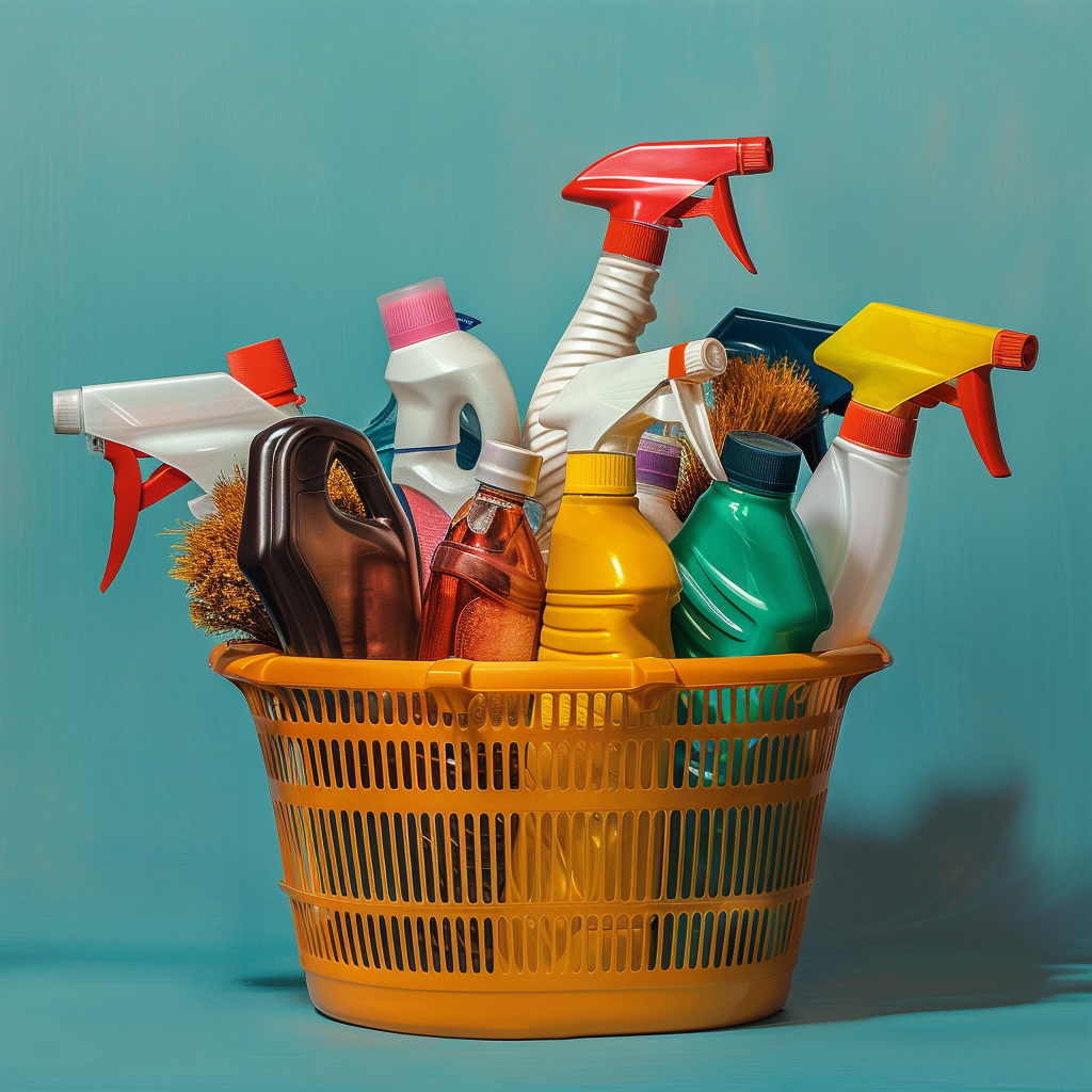 Cleaning products in basket