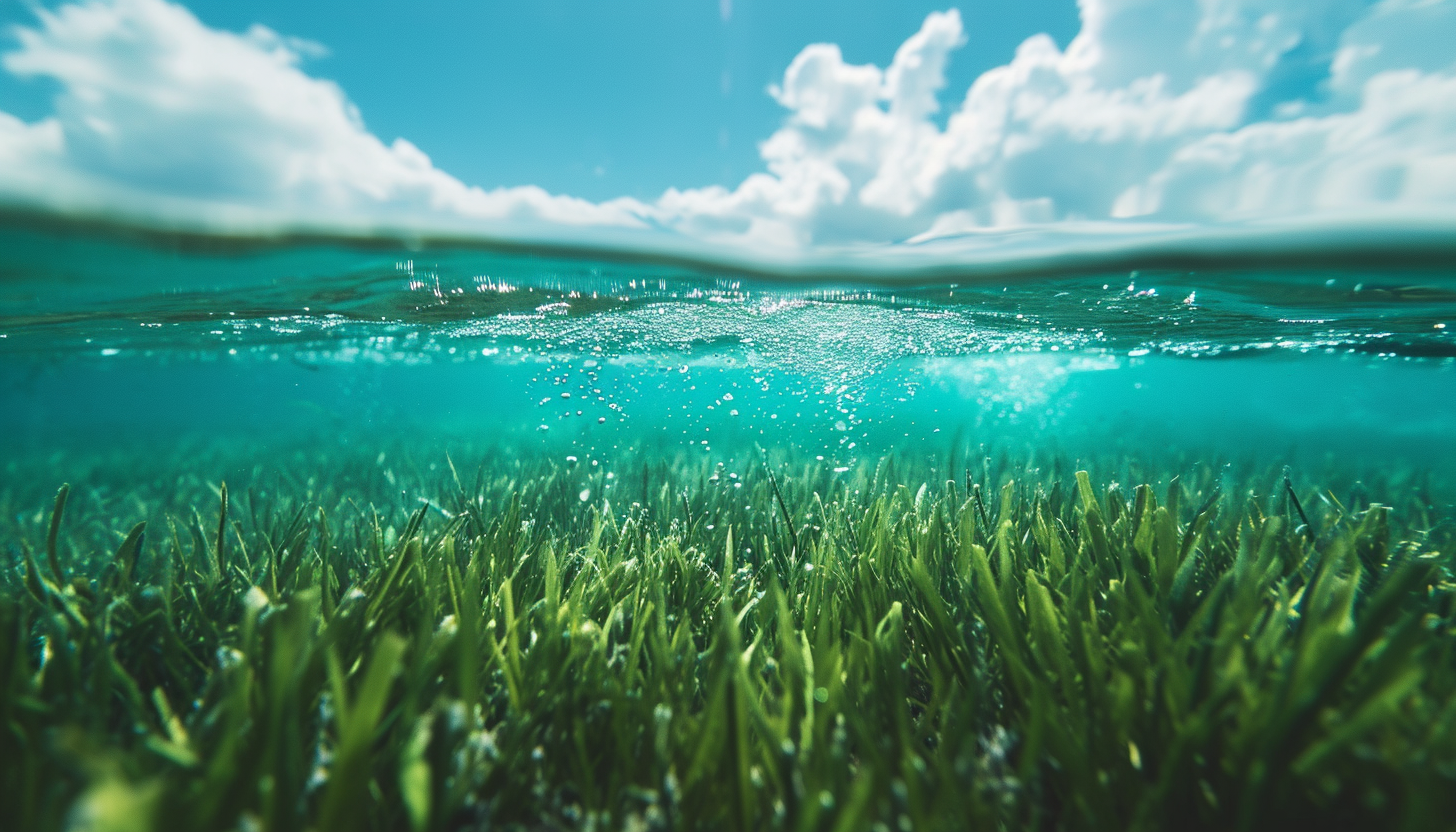 Clear blue underwater shot with grassy field