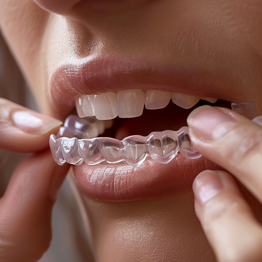 Person placing clear aligner on teeth