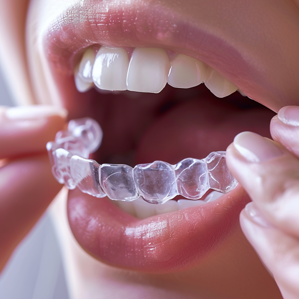 Person inserting clear dental aligner