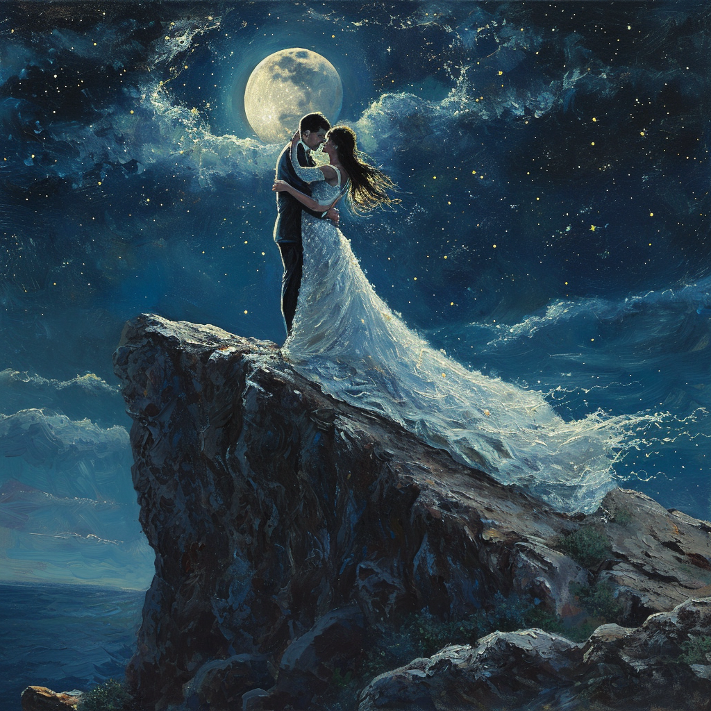 Embracing couple under moonlit sky