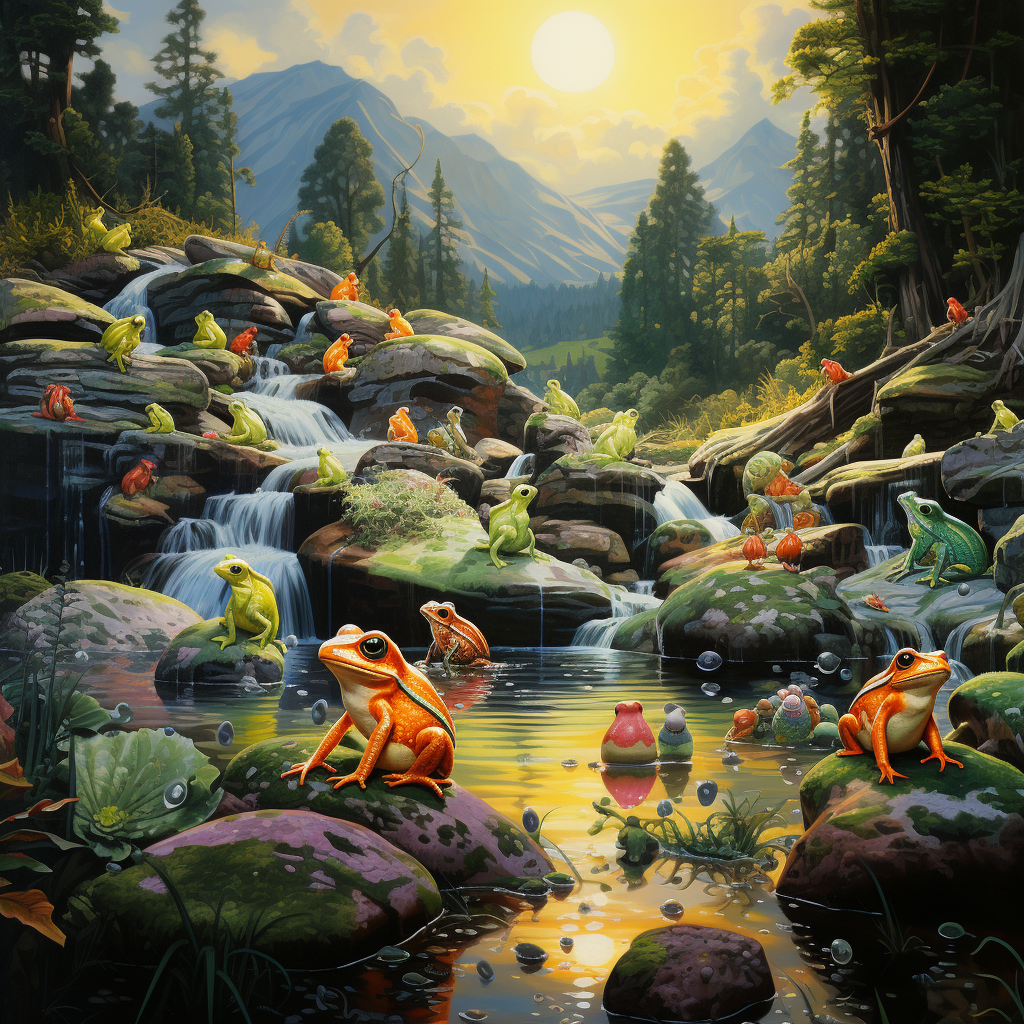 Colorful Frogs Attacking in Wooded Clearing