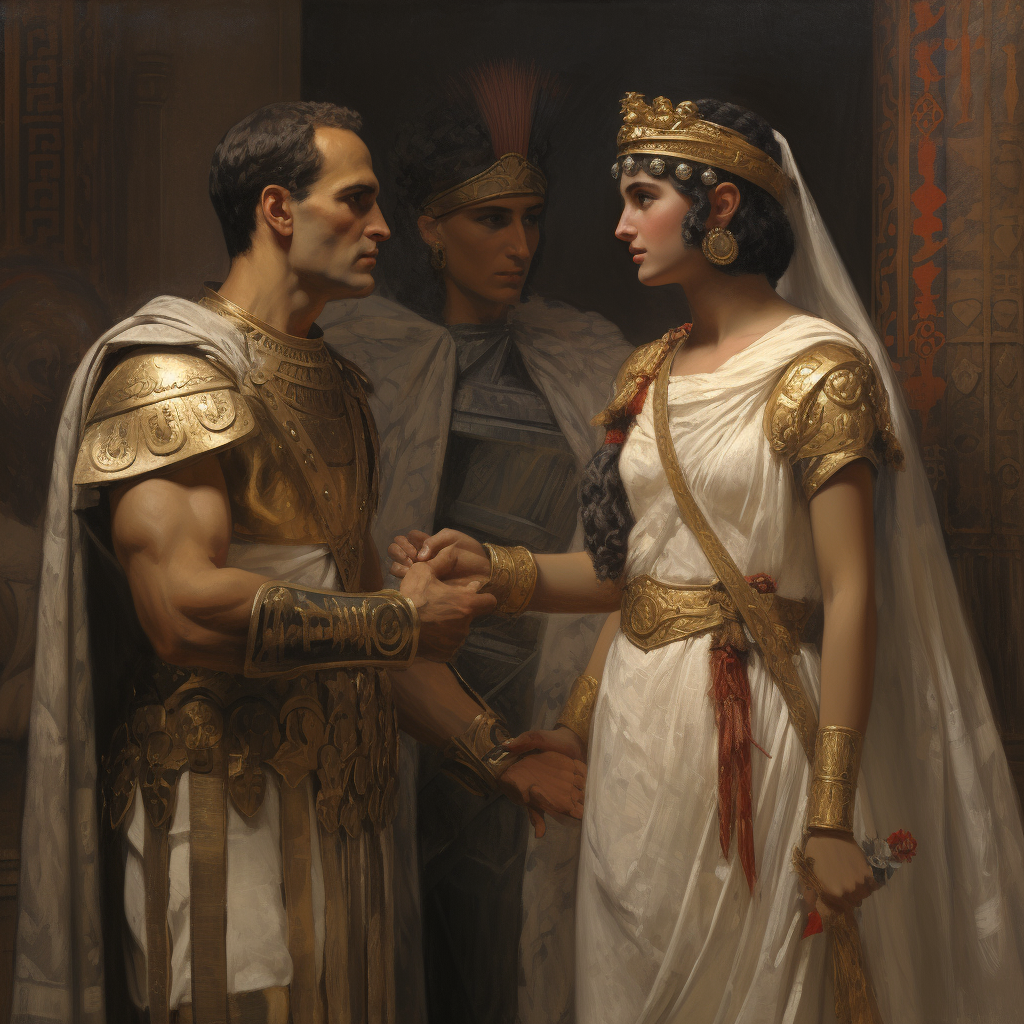 Historical depiction of Cleopatra with Julius Caesar and Mark Antony