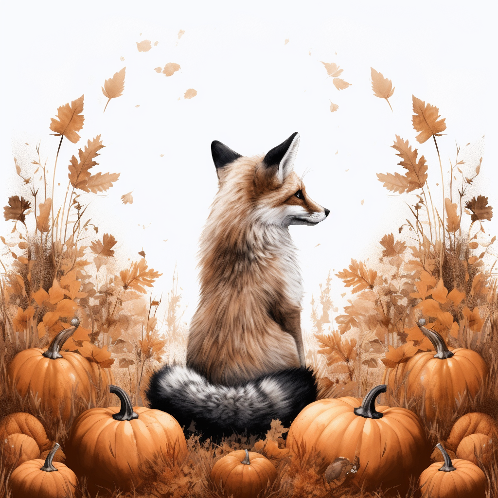 Clever fox with wildflowers and pumpkins