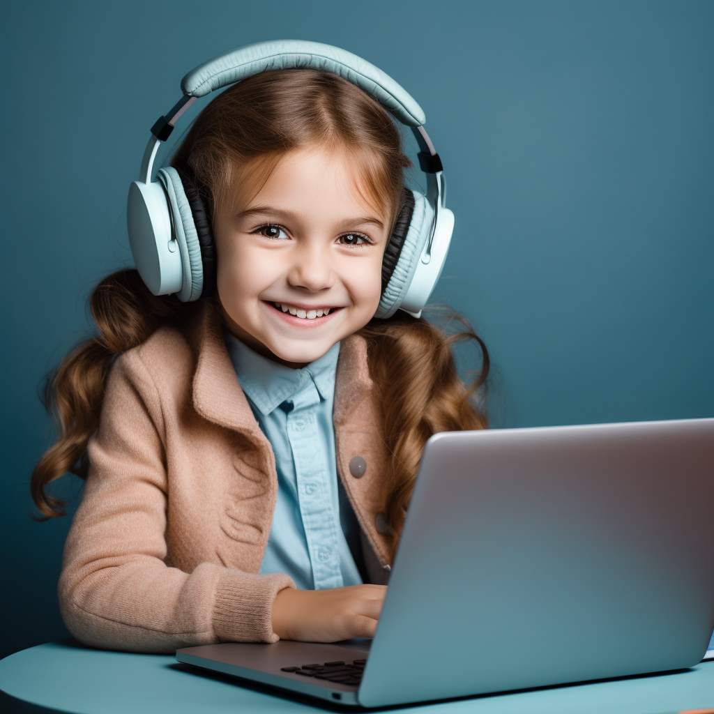 Smiling clever girl with sketchbook, laptop, and headphones