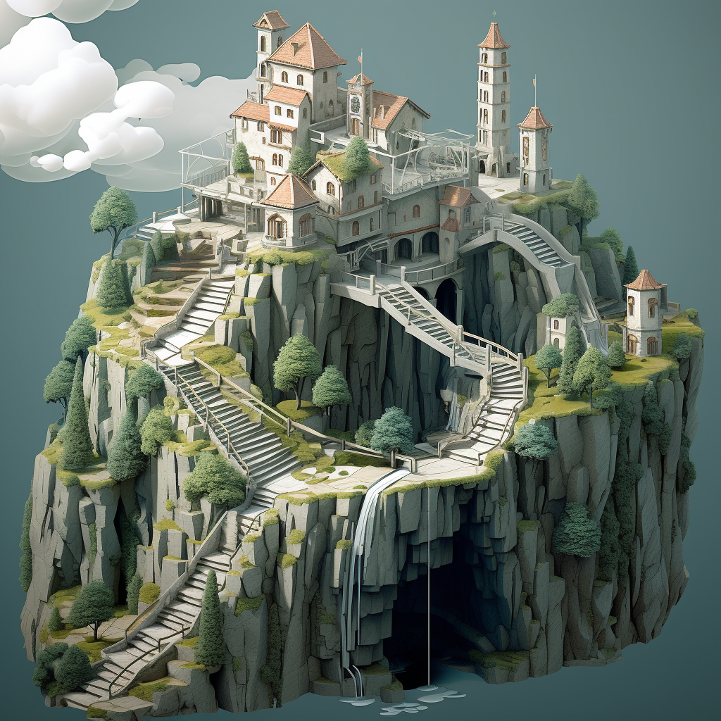 Castle on Steep Cliff Stairs Line Isometry