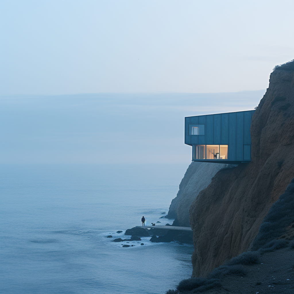 Monolithic house perched on ocean cliff