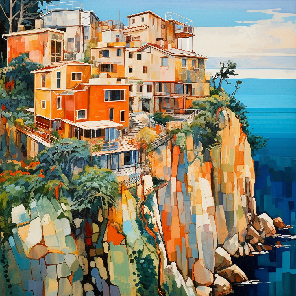 Beautiful painting of a cliffside villa