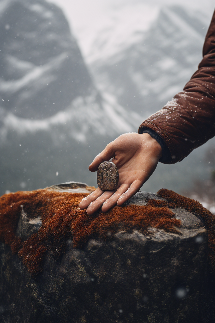 Climber's Hand Holding Stone on Snowy Mountain