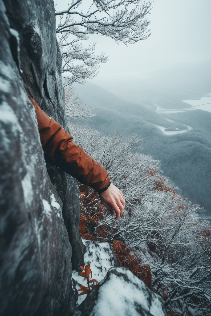 Climbers hand conquering rocky terrain in stunning landscape