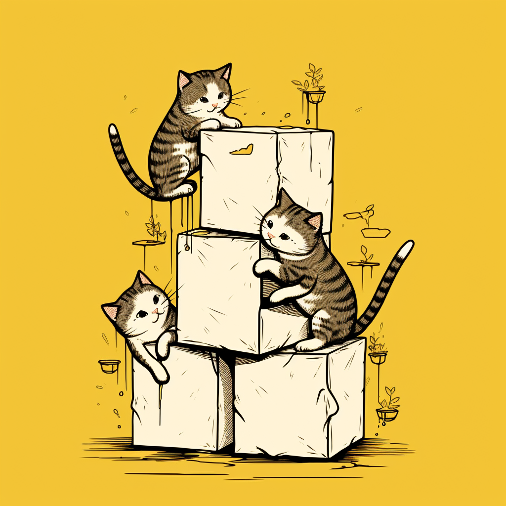 Three cats climbing wall with heads in box