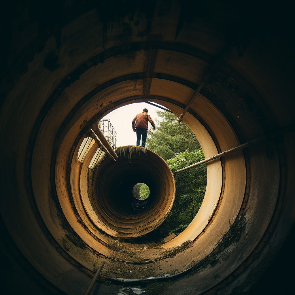 Person climbing into giant pipe