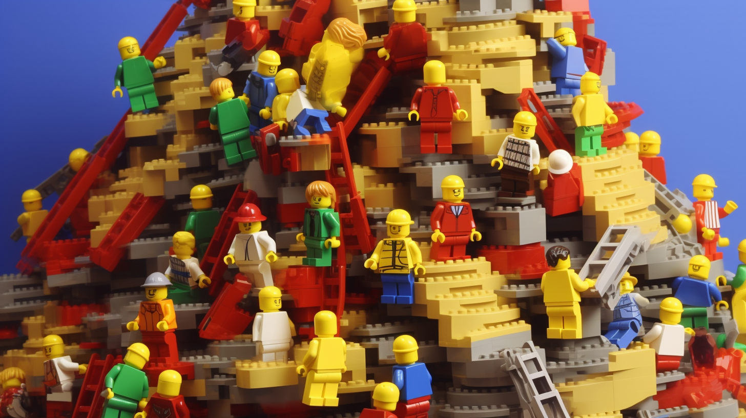 Group of Lego men climbing together