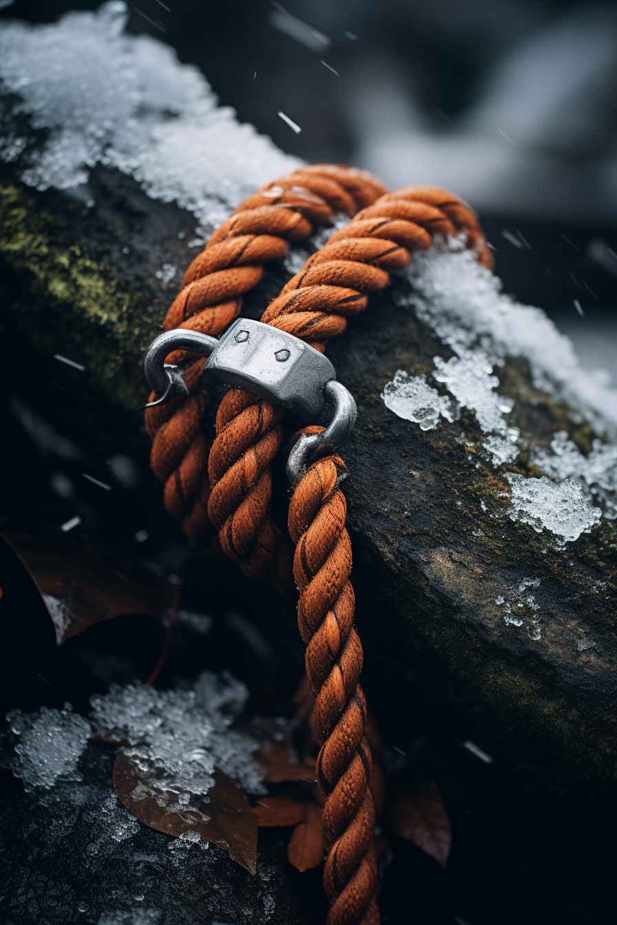 Detailed Climbing Rope on Stone with Wood and Leaves in Snowy Island Landscape