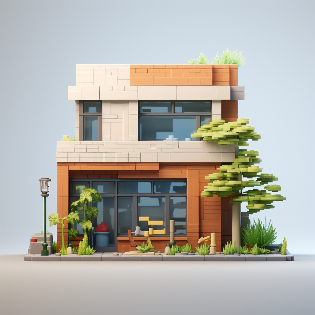 Clinic front facade with bricks, woods, and plants