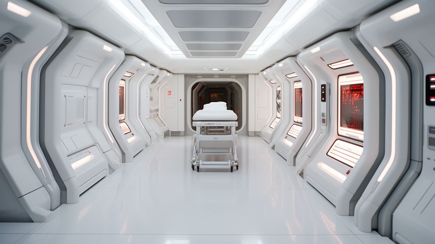 Clinical white sci-fi spaceship interior