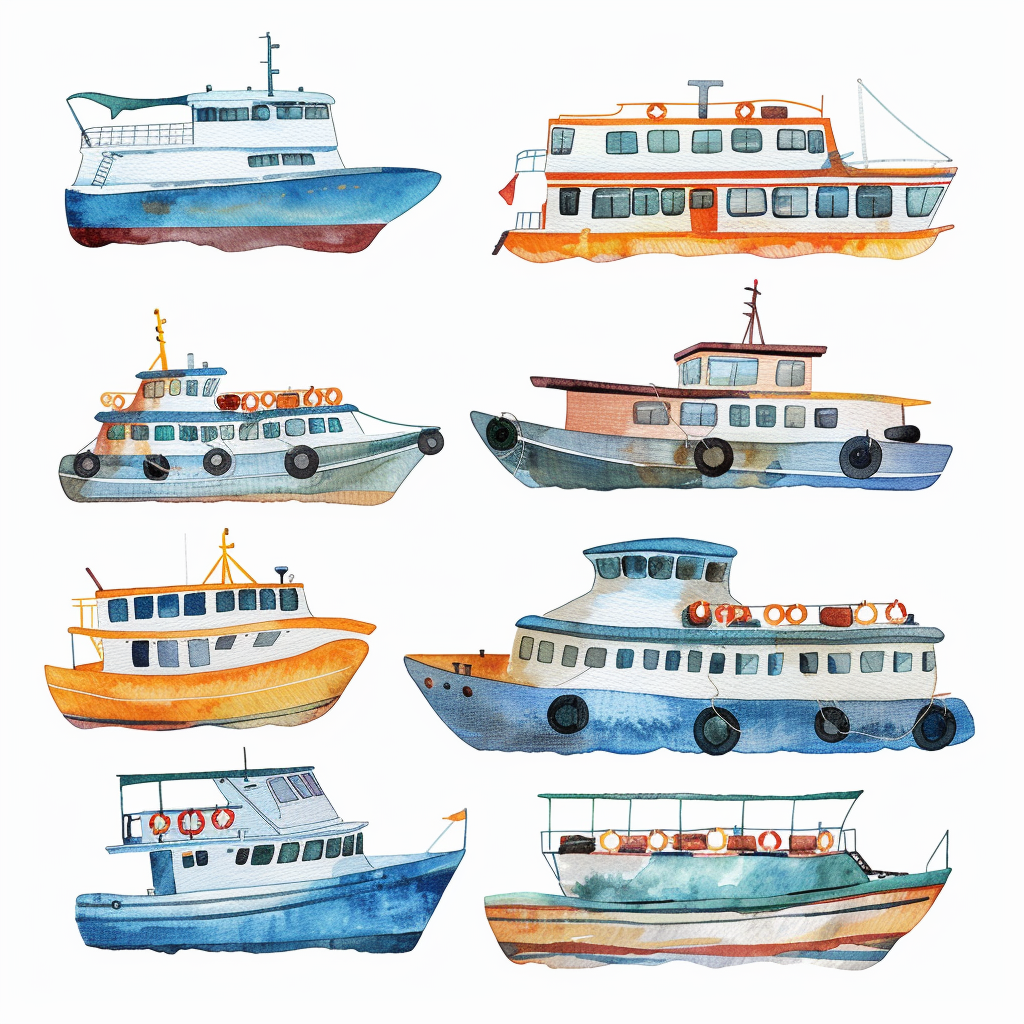 Ferry boats clipart watercolor set