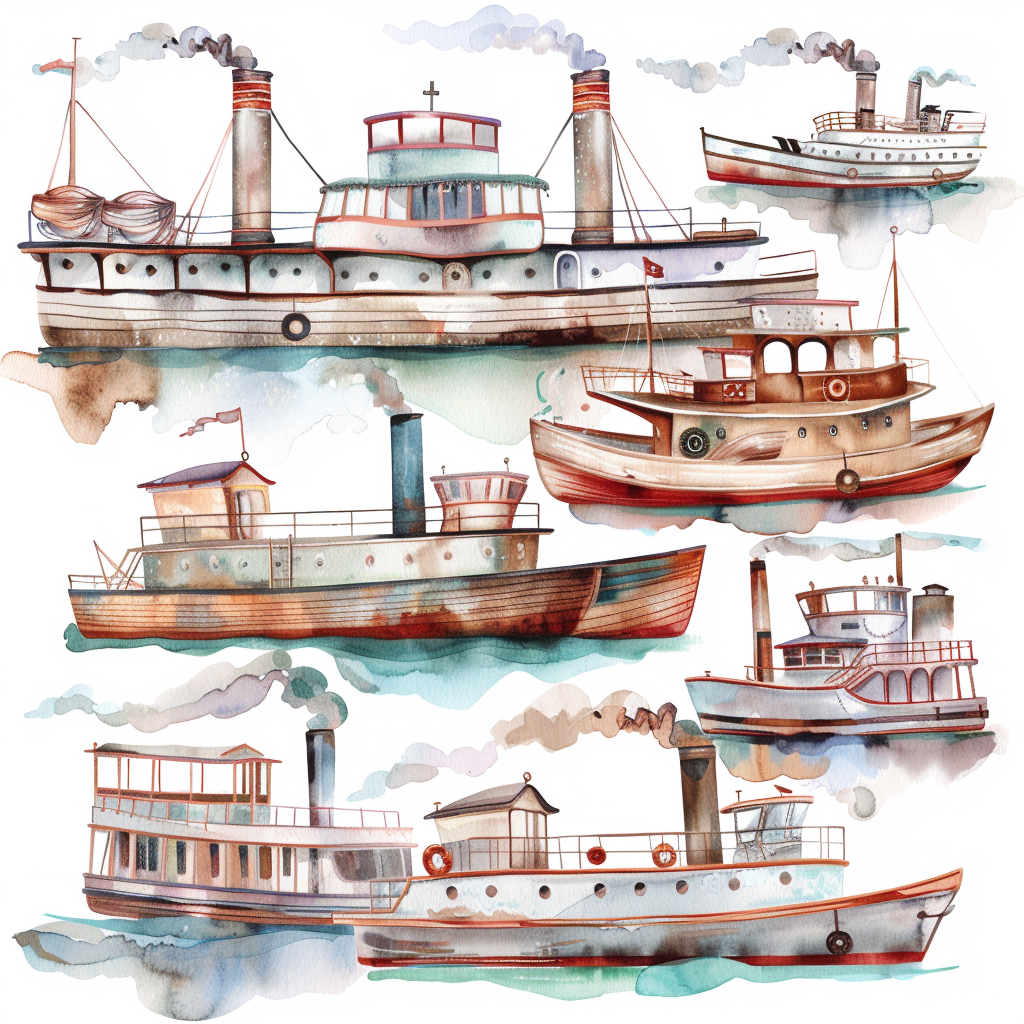 Watercolor clipart set steam boats