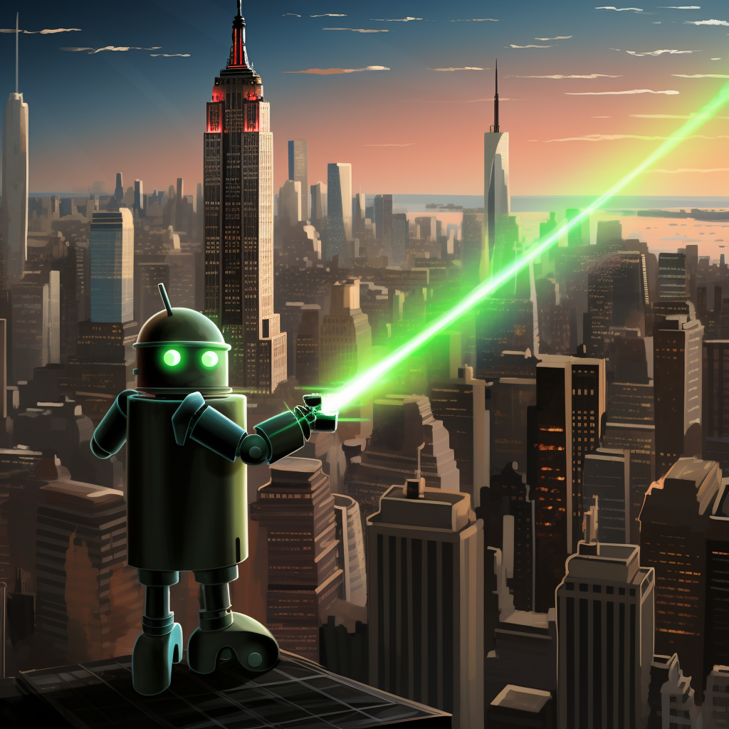 Clippy Android destroying NYC with laser beam