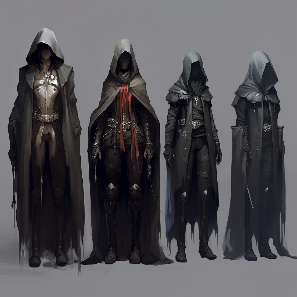 Mysterious cloaked figures in fantasy and cyberpunk attire