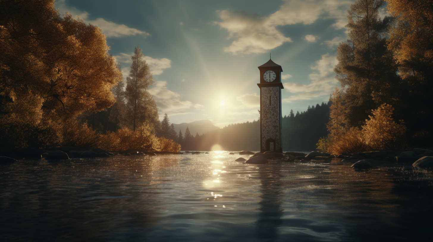 Majestic clocktower by the serene lake in the forest