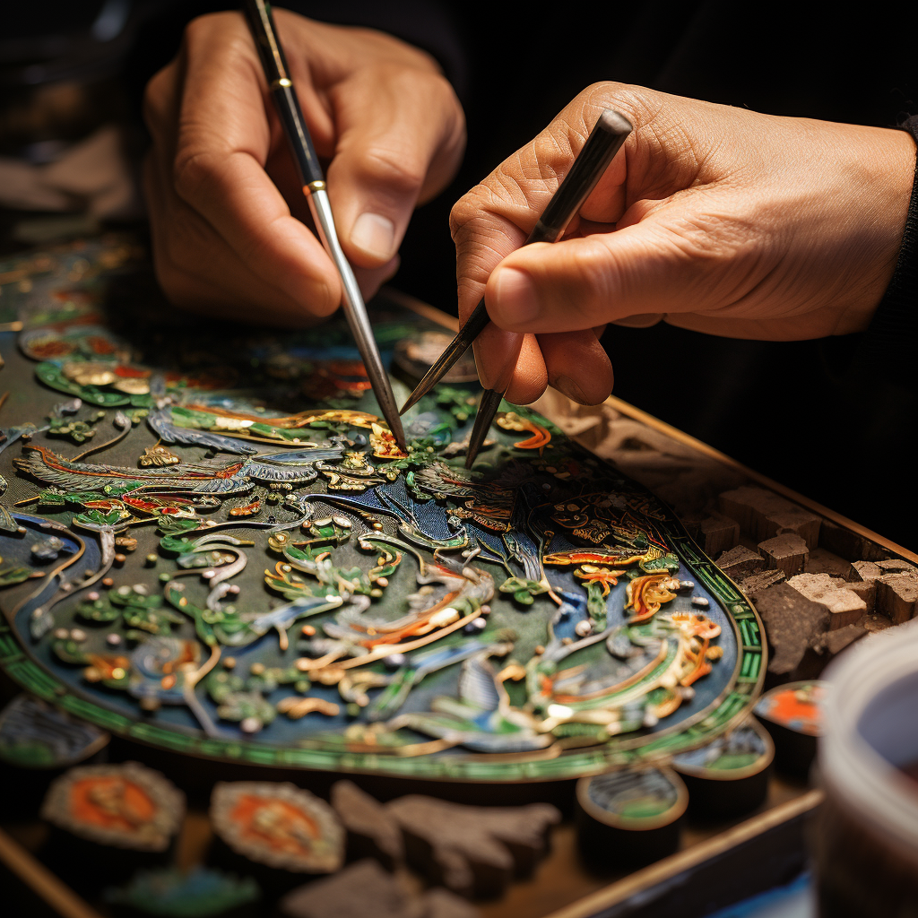 Craftsman assembling cloisonné piece