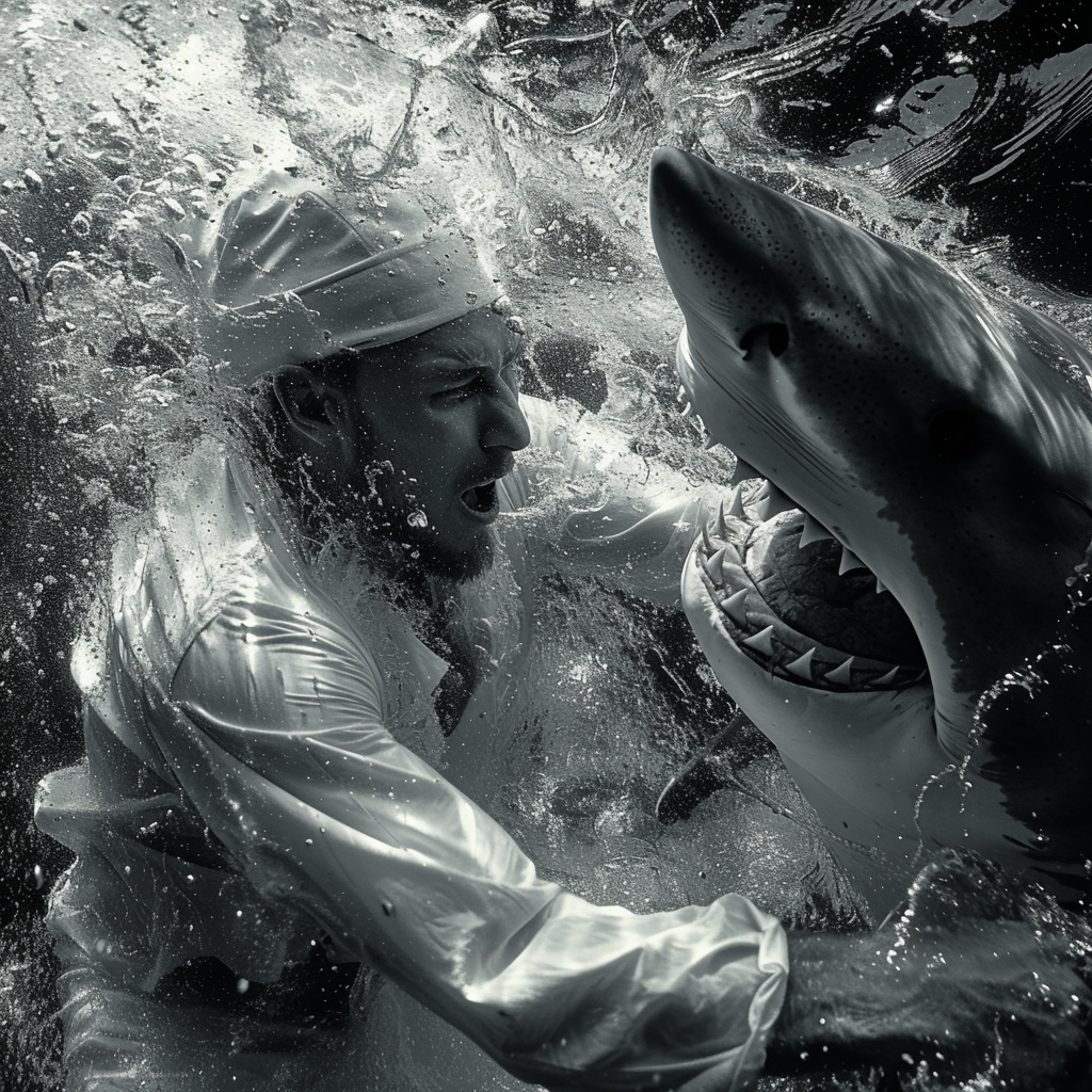 Sailor fighting shark underwater surreal monochrome