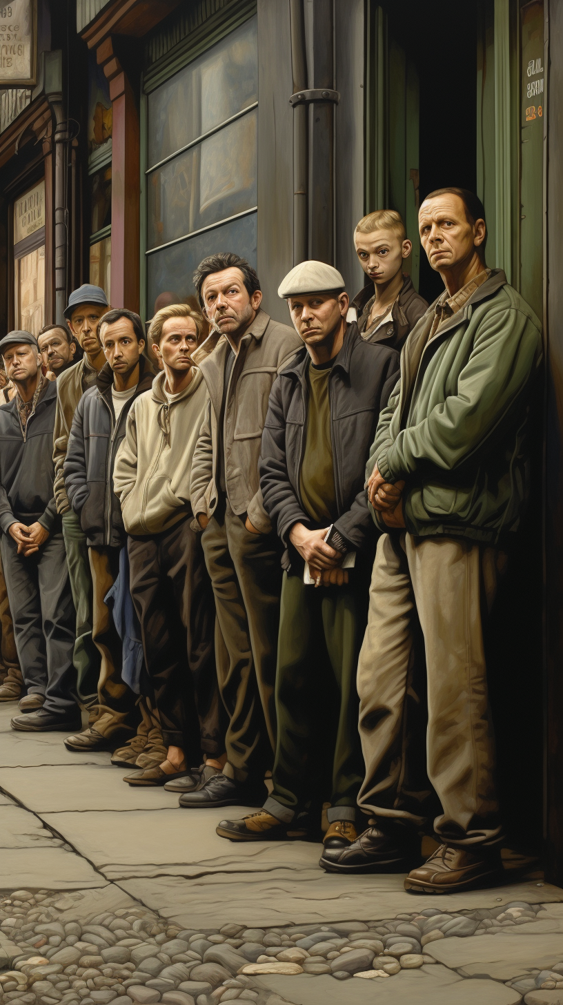 Group of Men Waiting Outside Closed Shop