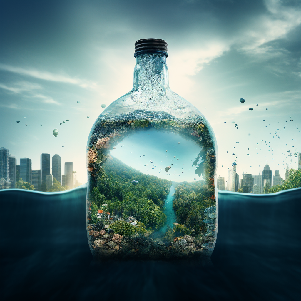 Earth in bottle amidst polluted sea