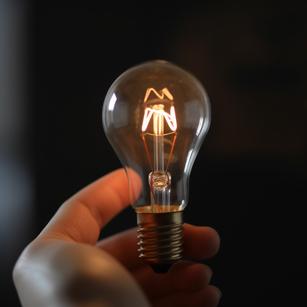 Close up of lit lightbulb held by finger and thumb