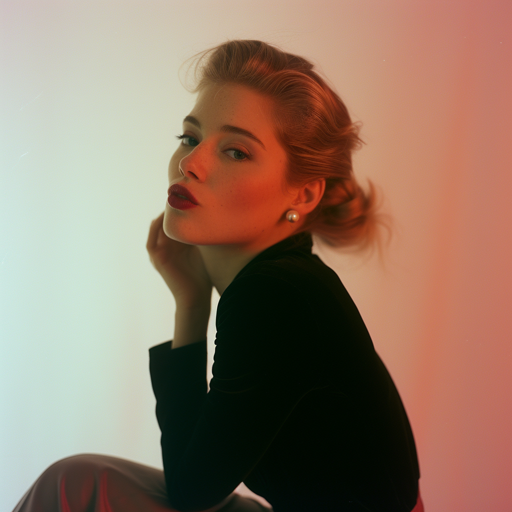 Woman sitting on stool in studio under white light