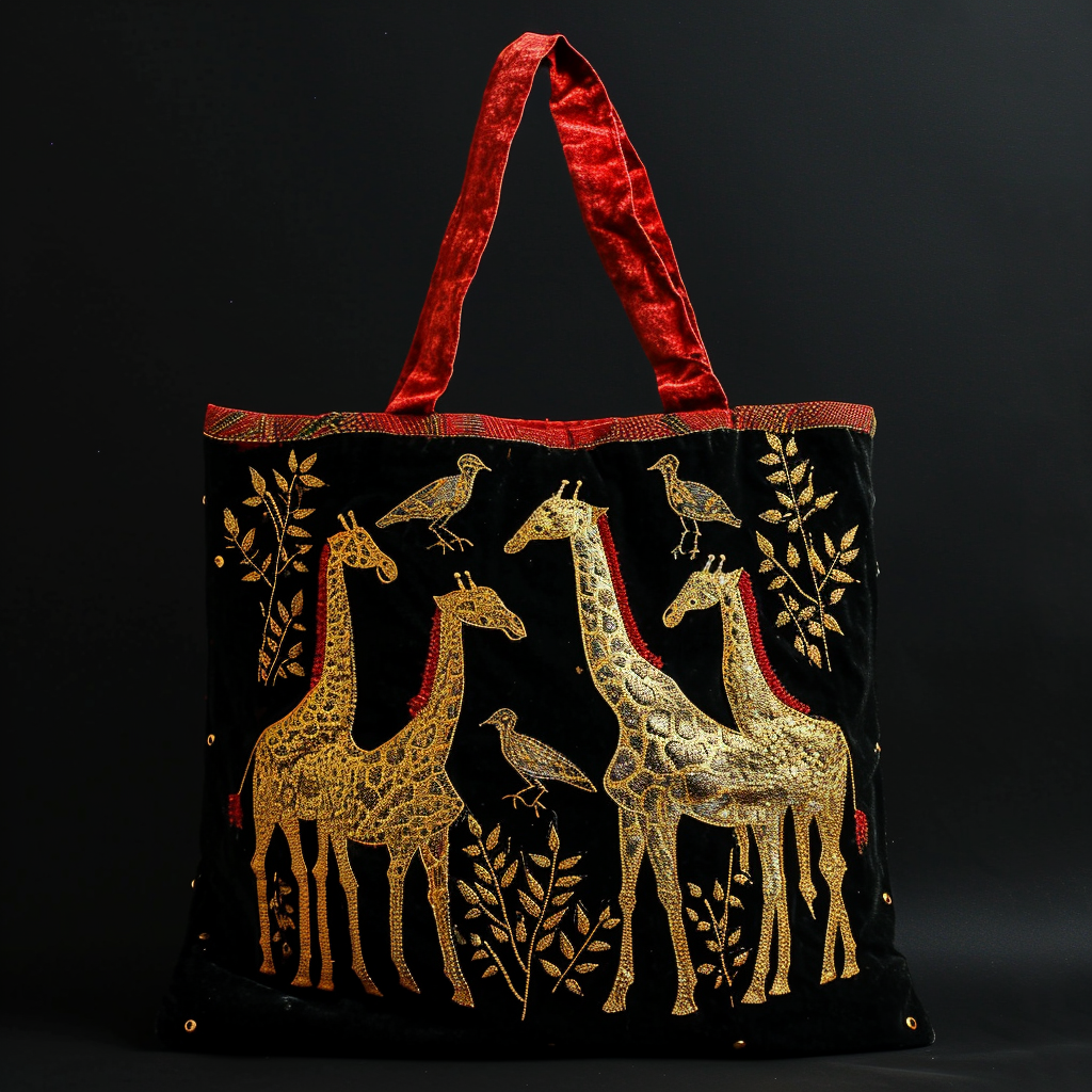 Embroidered Golden Giraffes and Birds on Black Cloth Bag