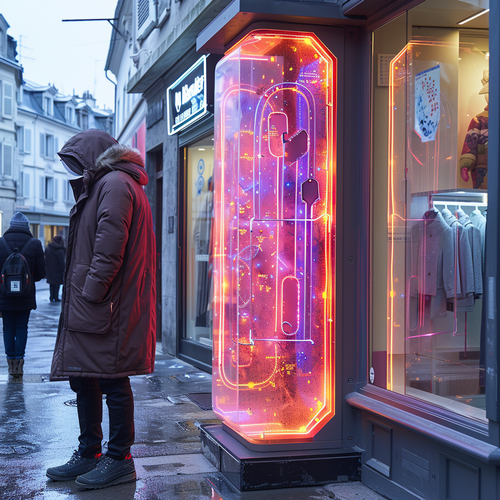 Clothing store totem logo installation neon