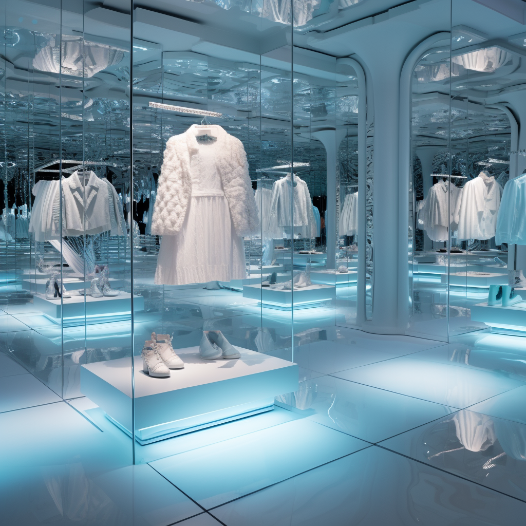 Clothing store with white tone and hologram color reminiscent of Alice in Wonderland