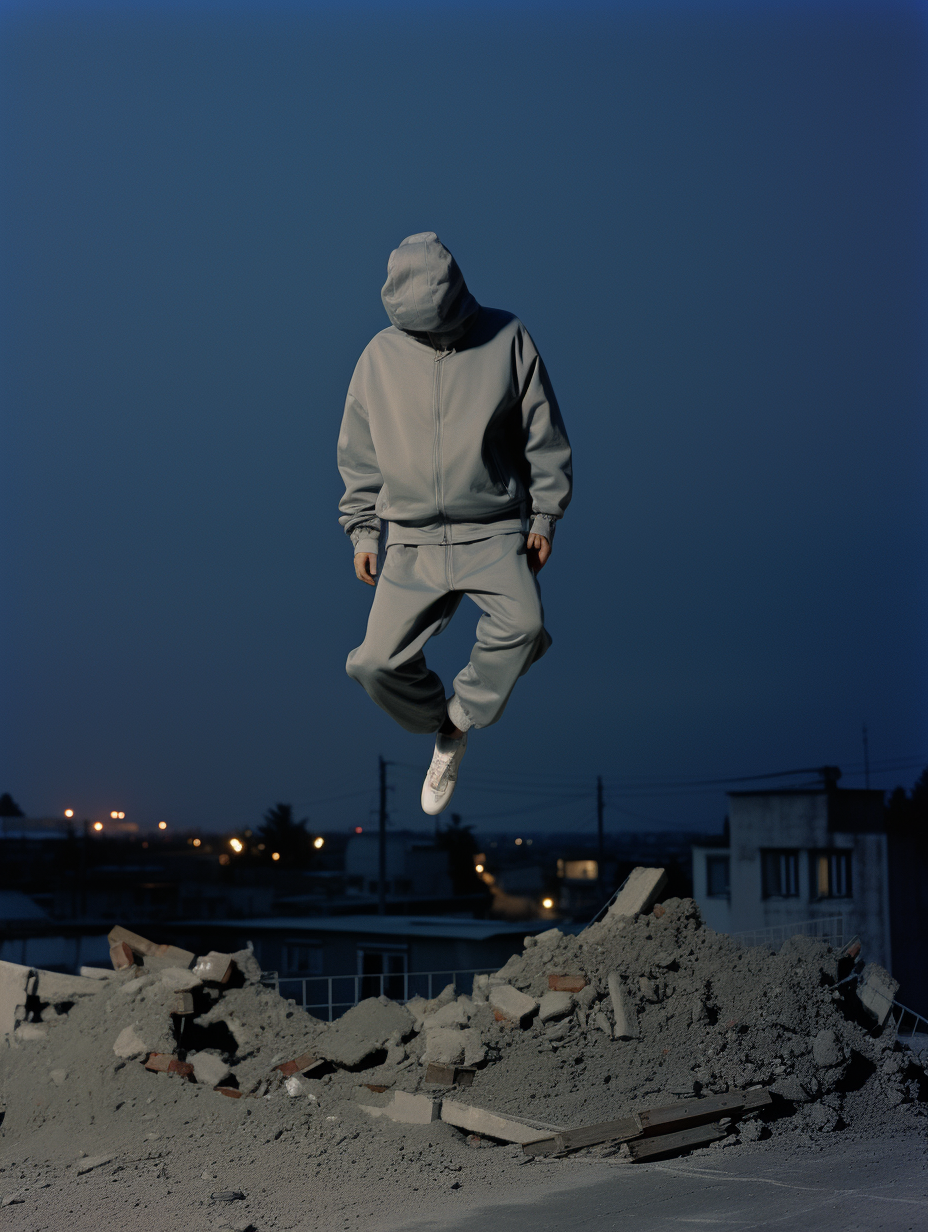 Grey cotton tracksuit defying gravity in urban night scene