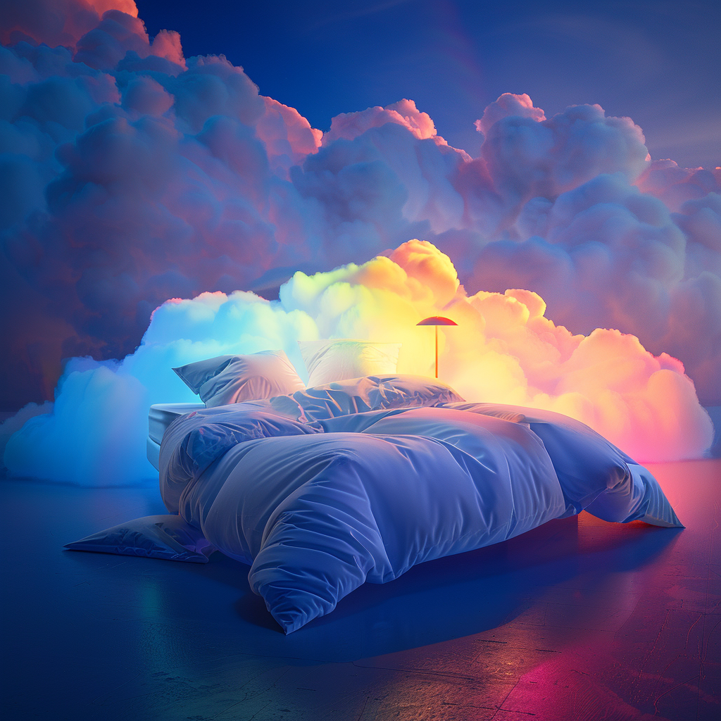 Cloud bed with subtle rainbow lighting