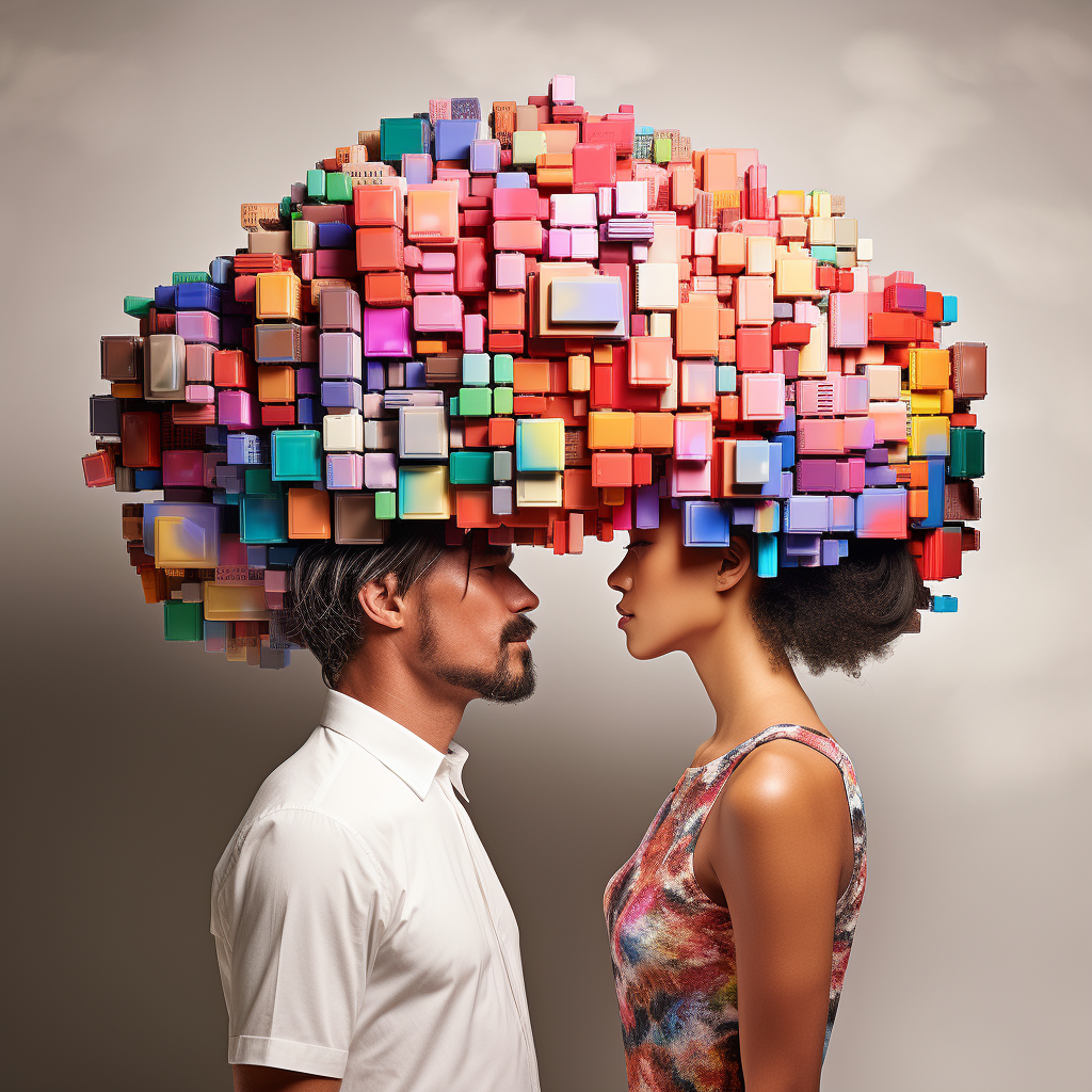 Man and woman in cloud with data blocks